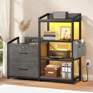 2 Drawer File Cabinet, Filing Cabinet fits Letter Legal, A4 Size, File Cabinets for Home Office with Lock, Power Strip, LED Lights and Open Shelf, Grey 2 Drawer File Cabinet, Filing Cabinet fits Letter Legal, A4 Size, File Cabinets for Home Office with Lock, Power Strip, LED Lights and Open Shelf, Grey