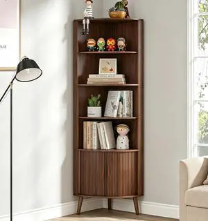 5-Tier Corner Shelf, 66.73''Tall Modern Corner Bookshelf, 5 Shelf Bookcase with 2 Fluted Doors, Freestanding Wood Corner Display Storage Shelf Organizer for Living Room, Office (Walnut) 5-Tier Corner Shelf, 66.73''Tall Modern Corner Bookshelf, 5 Shelf Bookcase with 2 Fluted Doors, Freestanding Wood Corner Display Storage Shelf Organizer for Living Room, Office (Walnut)