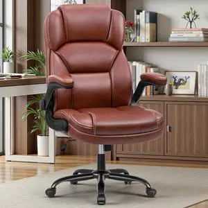 PU Leather Office Chair, Ergonomic High-Back Desk Computer & Gaming Chair with Adjustable Height, Rolling Swivel & Flip-Up Armrests, Comfy Padded Seat for Home Office-Brown PU Leather Office Chair, Ergonomic High-Back Desk Computer & Gaming Chair with Adjustable Height, Rolling Swivel & Flip-Up Armrests, Comfy Padded Seat for Home Office-Brown