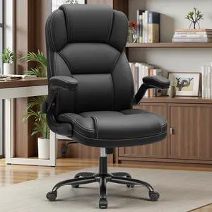PU Leather Office Chair, Ergonomic High-Back Desk Computer & Gaming Chair with Adjustable Height, Rolling Swivel & Flip-Up Armrests, Comfy Padded Seat for Home Office-Black PU Leather Office Chair, Ergonomic High-Back Desk Computer & Gaming Chair with Adjustable Height, Rolling Swivel & Flip-Up Armrests, Comfy Padded Seat for Home Office-Black