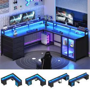 L Shaped Gaming Desk with 4 Drawers, 109 Computer Desk with Display Cabinet, Home Office Desks with 2 Monitor Stands, CPU Stand, LED Lights and Power Outlet, Black L Shaped Gaming Desk with 4 Drawers, 109 Computer Desk with Display Cabinet, Home Office Desks with 2 Monitor Stands, CPU Stand, LED Lights and Power Outlet, Black