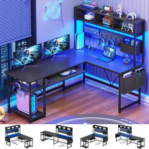 L Shaped Gaming Desk with Hutch, 57.5 Reversible Corner Computer Desk with Storage Shelves, Gaming Desk with Pegboard, LED Lights, Power Outlet, Keyboard Tray and Storage Bag, Black L Shaped Gaming Desk with Hutch, 57.5 Reversible Corner Computer Desk with Storage Shelves, Gaming Desk with Pegboard, LED Lights, Power Outlet, Keyboard Tray and Storage Bag, Black