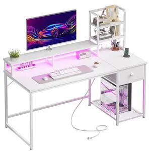44" Small White Gaming Desk with Hutch & Shelves for Teen Gamer | Dual Monitor Stand for Posture, Built-in Power Strip, Music-sync RGB Lights, Sturdy Steel Frame, Fabric Drawer, Easy Assembly 44" Small White Gaming Desk with Hutch & Shelves for Teen Gamer | Dual Monitor Stand for Posture, Built-in Power Strip, Music-sync RGB Lights, Sturdy Steel Frame, Fabric Drawer, Easy Assembly
