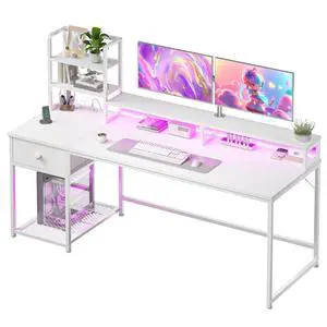55 Inch White Computer Desk with Drawers and Hutch,Reversible Home Office Desk with Monitor Shelf,Gaming Desks with USB Power Outlets&Storage,Writing Study Table for Bedroom with LED Lights,White 55 Inch White Computer Desk with Drawers and Hutch,Reversible Home Office Desk with Monitor Shelf,Gaming Desks with USB Power Outlets&Storage,Writing Study Table for Bedroom with LED Lights,White
