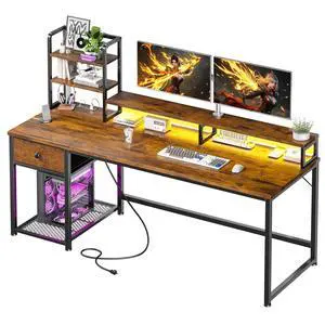 55" Reversible Computer Desk, Hutch, USB & LED, Rustic Brown | Fits 2 Monitors on Stand; Drawer & 3 Shelves; 60,000 Colors Music Sync RGB; 3 AC Ports & Type-C; Steel Frame; Easy Build 55" Reversible Computer Desk, Hutch, USB & LED, Rustic Brown | Fits 2 Monitors on Stand; Drawer & 3 Shelves; 60,000 Colors Music Sync RGB; 3 AC Ports & Type-C; Steel Frame; Easy Build