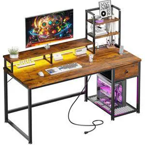 44 Inch Computer Desk with Hutch and Drawers,Reversible Home Office Desk with Monitor Shelf,Small Gaming Desks with USB Power Outlets,Writing Table for Office with LED Lights,Rustic Brown 44 Inch Computer Desk with Hutch and Drawers,Reversible Home Office Desk with Monitor Shelf,Small Gaming Desks with USB Power Outlets,Writing Table for Office with LED Lights,Rustic Brown