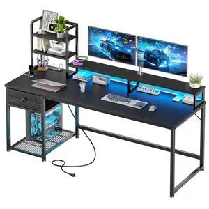 55 Inch Gaming Desk with Hutch and Drawers,Reversible Computer Desk with Monitor Shelf,Home Office Desks with USB Power Outlets and Storage,Pc Work Desk for Office with LED Lights,Black 55 Inch Gaming Desk with Hutch and Drawers,Reversible Computer Desk with Monitor Shelf,Home Office Desks with USB Power Outlets and Storage,Pc Work Desk for Office with LED Lights,Black