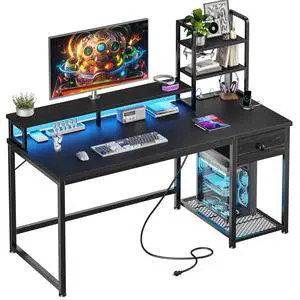 44 Inch Gaming Desk with Hutch and Drawers,Reversible Computer Desk with Monitor Shelf,Home Office Desks with USB Power Outlets and Storage,Pc Small Gaming Desk for Office with LED Lights,Black 44 Inch Gaming Desk with Hutch and Drawers,Reversible Computer Desk with Monitor Shelf,Home Office Desks with USB Power Outlets and Storage,Pc Small Gaming Desk for Office with LED Lights,Black