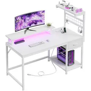 40" Computer Desk with Drawer & Storage Shelves, Gaming Desk with Monitor Stand, LED Lights & Power Outlets for Living Room, Study Room, Bedroom, White 40" Computer Desk with Drawer & Storage Shelves, Gaming Desk with Monitor Stand, LED Lights & Power Outlets for Living Room, Study Room, Bedroom, White