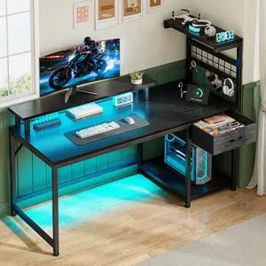 48" Gaming Desk with LED Lights & Power Outlets, Home Office Desk with Monitor Stand, Computer Desk with Drawer & Storage Shelves for Living Room, Study Room, Gaming Room, Black 48" Gaming Desk with LED Lights & Power Outlets, Home Office Desk with Monitor Stand, Computer Desk with Drawer & Storage Shelves for Living Room, Study Room, Gaming Room, Black