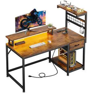 40" Computer Desk with Power Outlets & LED Lights, Gaming Desk with Drawer & Storage Shelves, Reversible Home Office Desk with Monitor Stand, for Living, Study Room, Gaming Room, Rustic Brown 40" Computer Desk with Power Outlets & LED Lights, Gaming Desk with Drawer & Storage Shelves, Reversible Home Office Desk with Monitor Stand, for Living, Study Room, Gaming Room, Rustic Brown