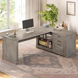 Executive Desk, 61" Farmhouse L Shaped Desk with File Drawers, Office Desk with Drawers and Power Outlets, Computer Desk with Storage Shelves for Home Office, Grey Executive Desk, 61" Farmhouse L Shaped Desk with File Drawers, Office Desk with Drawers and Power Outlets, Computer Desk with Storage Shelves for Home Office, Grey