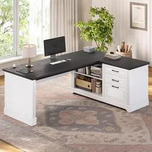 Farmhouse 61" Executive L Shaped Desk, Home Office Desk with File Drawers, Computer Desk with Power Outlets and Storage Shelves for Home Office, White Farmhouse 61" Executive L Shaped Desk, Home Office Desk with File Drawers, Computer Desk with Power Outlets and Storage Shelves for Home Office, White