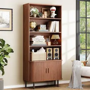 71" Tall Bookshelf, 4-Tier Bookcase with Storage Cabinet & Adjustable Storage Shelf, Freestanding Wood Bookshelf with Sliding Door and Adjustable Footpad, for Home Office, Living Room, Walnut 71" Tall Bookshelf, 4-Tier Bookcase with Storage Cabinet & Adjustable Storage Shelf, Freestanding Wood Bookshelf with Sliding Door and Adjustable Footpad, for Home Office, Living Room, Walnut