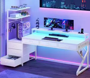 55" Gaming Desk with 6 Drawers, Corner Gaming Desk with Storage & LED Lights, Reversible PC Desk with Power Outlet, Corner Computer Desk with Hutch, Monitor Stand, Side Hook, Carbon Fiber White 55" Gaming Desk with 6 Drawers, Corner Gaming Desk with Storage & LED Lights, Reversible PC Desk with Power Outlet, Corner Computer Desk with Hutch, Monitor Stand, Side Hook, Carbon Fiber White
