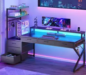 55" Gaming Desk with 6 Drawers, Corner Gaming Desk with Storage & LED Lights, Reversible PC Desk with Power Outlet, Corner Computer Desk with Hutch, Monitor Stand, Side Hook, Carbon Fiber Black 55" Gaming Desk with 6 Drawers, Corner Gaming Desk with Storage & LED Lights, Reversible PC Desk with Power Outlet, Corner Computer Desk with Hutch, Monitor Stand, Side Hook, Carbon Fiber Black