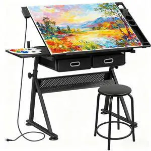 Adjustable Drafting Table with Stool, Tilting Drawing Desk Artist Table with Storage Drawers, Art Craft Workstation for Home Office Reading, Writing, Crafting (Black-with Outlet) Adjustable Drafting Table with Stool, Tilting Drawing Desk Artist Table with Storage Drawers, Art Craft Workstation for Home Office Reading, Writing, Crafting (Black-with Outlet)
