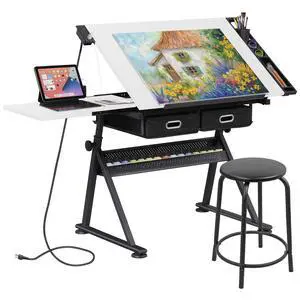 Adjustable Drafting Table with Stool, Tilting Drawing Desk Artist Table with Storage Drawers, Art Craft Workstation for Home Office Reading, Writing, Crafting (White-with Outlet) Adjustable Drafting Table with Stool, Tilting Drawing Desk Artist Table with Storage Drawers, Art Craft Workstation for Home Office Reading, Writing, Crafting (White-with Outlet)