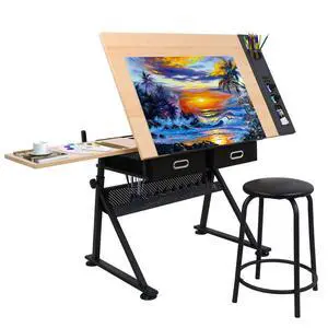 Drafting Table Art Desk Drawing Table Height Adjustable Artist Table with Tilted Tabletop, Drafting Stool and Storage Drawer for Reading, Writing, Crafting, Painting Art Drafting Table Art Desk Drawing Table Height Adjustable Artist Table with Tilted Tabletop, Drafting Stool and Storage Drawer for Reading, Writing, Crafting, Painting Art