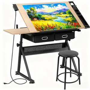 Adjustable Drafting Table with Stool, Tilting Drawing Desk Artist Table with Storage Drawers, Art Craft Workstation for Home Office Reading, Writing, Crafting (Brown-with Outlet) Adjustable Drafting Table with Stool, Tilting Drawing Desk Artist Table with Storage Drawers, Art Craft Workstation for Home Office Reading, Writing, Crafting (Brown-with Outlet)