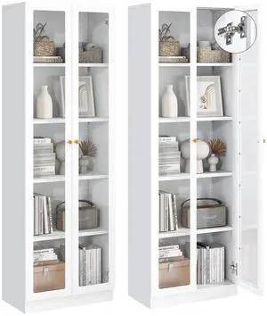 White Bookcase with Doors and Shelves, 5-Tier Tall Bookshelf with Storage Cabinet, 70.87" Display Cabinet for Collectibles, Display Case for Home Office Library White Bookcase with Doors and Shelves, 5-Tier Tall Bookshelf with Storage Cabinet, 70.87" Display Cabinet for Collectibles, Display Case for Home Office Library