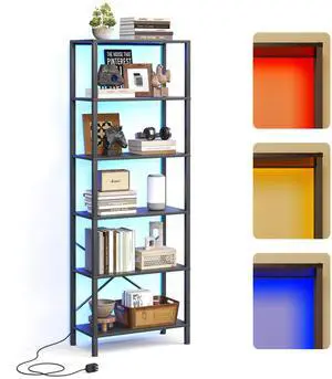 6-Tier Bookshelf, Tall Bookcase with LED Lights, Book Shelf with Steel Frame, 11.2" x 23.6" x 65.4", Display Storage Shelf for Living Room, Bedroom, Home Office, Study, Black 6-Tier Bookshelf, Tall Bookcase with LED Lights, Book Shelf with Steel Frame, 11.2" x 23.6" x 65.4", Display Storage Shelf for Living Room, Bedroom, Home Office, Study, Black