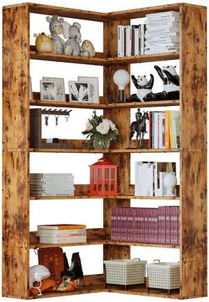 Corner Bookshelf 6-Tier L-Shaped Industrial Corner Bookcase with Side Baffles, Large Storage Display Shelf for Living Room, Home Office Corner Bookshelf 6-Tier L-Shaped Industrial Corner Bookcase with Side Baffles, Large Storage Display Shelf for Living Room, Home Office