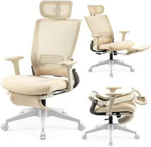 Foldable Office Chair with Foot Rest, Ergonomic Office Chair with Adjustable Lumbar Support, Headrest, Armrest, Home Office Desk Chair for Space Saving, Work from Home, Cream Foldable Office Chair with Foot Rest, Ergonomic Office Chair with Adjustable Lumbar Support, Headrest, Armrest, Home Office Desk Chair for Space Saving, Work from Home, Cream