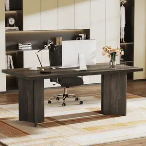 63-inch Executive Desk, Vintage Office Computer Desk with Large Tabletop, Farmhouse Wood Writing Conference Table Workstation for Home Office, Study, Dark Gray 63-inch Executive Desk, Vintage Office Computer Desk with Large Tabletop, Farmhouse Wood Writing Conference Table Workstation for Home Office, Study, Dark Gray