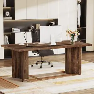 63-inch Executive Desk, Vintage Office Computer Desk with Large Tabletop, Farmhouse Wood Writing Conference Table Workstation for Home Office, Study, Dark Brown 63-inch Executive Desk, Vintage Office Computer Desk with Large Tabletop, Farmhouse Wood Writing Conference Table Workstation for Home Office, Study, Dark Brown