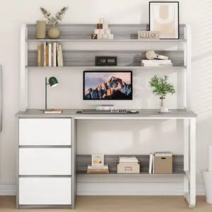 Computer Desk with Hutch, 55 Inch Home Office Desk with Storage Drawers, Study Writing Desk with Shelves for Bedrrom, Adjustable Feet, Grey Computer Desk with Hutch, 55 Inch Home Office Desk with Storage Drawers, Study Writing Desk with Shelves for Bedrrom, Adjustable Feet, Grey