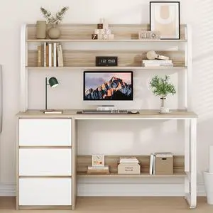 Computer Desk with 3 Drawers and Shelves, 55 Inch Desk with Hutch for Small Spaces, Study Writing Desk with Shelves for Bedrrom, Adjustable Feet, Light Walnut Computer Desk with 3 Drawers and Shelves, 55 Inch Desk with Hutch for Small Spaces, Study Writing Desk with Shelves for Bedrrom, Adjustable Feet, Light Walnut