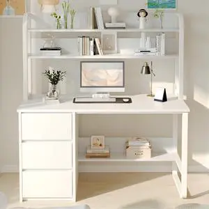 White Desk with Hutch, 47 Inch Computer Desk with 3 Drawers for Bedroom, Study Writing Desk with Shelves for Small Spaces, Adjustable Feet White Desk with Hutch, 47 Inch Computer Desk with 3 Drawers for Bedroom, Study Writing Desk with Shelves for Small Spaces, Adjustable Feet