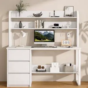 White Desk with Hutch, 55 Inch Computer Desk with 3 Drawers for Bedroom, Study Writing Desk with Shelves for Small Spaces, Adjustable Feet White Desk with Hutch, 55 Inch Computer Desk with 3 Drawers for Bedroom, Study Writing Desk with Shelves for Small Spaces, Adjustable Feet