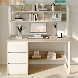 Computer Desk with Hutch, 47 Inch Small Desk with 3 Drawers for Bedroom, Study Writing Desk with Shelves for Small Spaces, Adjustable Feet, Light Walnut Computer Desk with Hutch, 47 Inch Small Desk with 3 Drawers for Bedroom, Study Writing Desk with Shelves for Small Spaces, Adjustable Feet, Light Walnut