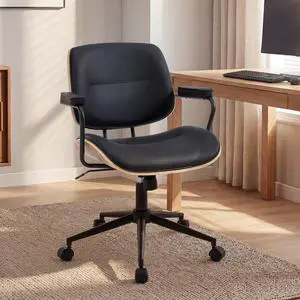 Mid Century Walnut Office Chair with Arms, Adjustable Swivel Desk Chair, Leather Computer Chair with Rolling Wheels for Home Office or Study Room, Black Mid Century Walnut Office Chair with Arms, Adjustable Swivel Desk Chair, Leather Computer Chair with Rolling Wheels for Home Office or Study Room, Black