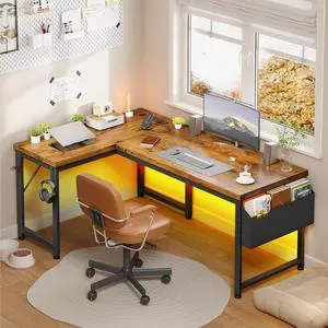 63" L Shaped Desk with 0.95" Thick Desktop for Home Office,Brown | Computer Desk with Power Outlets & LED Lights,220 lbs Supports for 2 Monitors,Reversible Corner Desk for Work,Study,Gaming 63" L Shaped Desk with 0.95" Thick Desktop for Home Office,Brown | Computer Desk with Power Outlets & LED Lights,220 lbs Supports for 2 Monitors,Reversible Corner Desk for Work,Study,Gaming