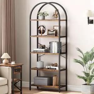 Bookshelf 5 Tier Bookcase Arched Display Racks Tall Standing Bookshelves Metal Frame Modern Storage Rack Shelf Large Wood Book Shelf for Bedroom, Living Room, Home Office (Rustic Brown) Bookshelf 5 Tier Bookcase Arched Display Racks Tall Standing Bookshelves Metal Frame Modern Storage Rack Shelf Large Wood Book Shelf for Bedroom, Living Room, Home Office (Rustic Brown)
