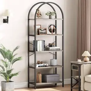 Bookshelf 5 Tier Bookcase Arched Display Racks Tall Standing Bookshelves Metal Frame Modern Storage Rack Shelf Large Wood Book Shelf for Bedroom, Living Room, Home Office (Grey) Bookshelf 5 Tier Bookcase Arched Display Racks Tall Standing Bookshelves Metal Frame Modern Storage Rack Shelf Large Wood Book Shelf for Bedroom, Living Room, Home Office (Grey)