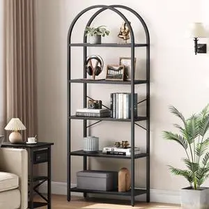 Bookshelf 5 Tier Bookcase Arched Display Racks Tall Standing Bookshelves Metal Frame Modern Storage Rack Shelf Large Wood Book Shelf for Bedroom, Living Room, Home Office (Black) Bookshelf 5 Tier Bookcase Arched Display Racks Tall Standing Bookshelves Metal Frame Modern Storage Rack Shelf Large Wood Book Shelf for Bedroom, Living Room, Home Office (Black)