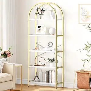 Bookshelf 5 Tier Bookcase Arched Display Racks Tall Standing Bookshelves Metal Frame Modern Storage Rack Shelf Large Wood Book Shelf for Bedroom, Living Room, Home Office, White/Gold Bookshelf 5 Tier Bookcase Arched Display Racks Tall Standing Bookshelves Metal Frame Modern Storage Rack Shelf Large Wood Book Shelf for Bedroom, Living Room, Home Office, White/Gold