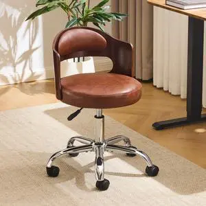 Armless Home Office Desk Chair, Adjustable Swivel Chair,Dual-Use with/no Wheels,Small Retro Designed Walnut Curved Task Chair,Cushioned Nail Tech Chair for Study Area,Workspace,PU,Brown Armless Home Office Desk Chair, Adjustable Swivel Chair,Dual-Use with/no Wheels,Small Retro Designed Walnut Curved Task Chair,Cushioned Nail Tech Chair for Study Area,Workspace,PU,Brown