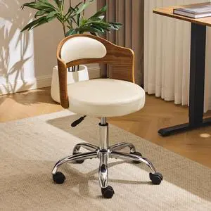 Armless Home Office Desk Chair, Adjustable Swivel Chair,Dual-Use with/no Wheels,Small Retro Designed Walnut Curved Task Chair,Cushioned Nail Tech Chair for Study Area,Workspace,PU,Ivory White Armless Home Office Desk Chair, Adjustable Swivel Chair,Dual-Use with/no Wheels,Small Retro Designed Walnut Curved Task Chair,Cushioned Nail Tech Chair for Study Area,Workspace,PU,Ivory White