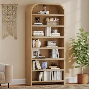 70" Tall Arched Bookcase, 7-Tier Freestanding Storage Cabinet with Adjustable Shelves, Thick MDF Bookshelf for Bathroom Living Room Bedroom (Natural) 70" Tall Arched Bookcase, 7-Tier Freestanding Storage Cabinet with Adjustable Shelves, Thick MDF Bookshelf for Bathroom Living Room Bedroom (Natural)
