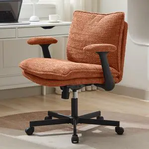 Criss Cross Legged Office Chair with Wheels and Flip-Up Arms, Upholstered Criss Cross Desk Chair, Wide Seat Chairs for Home Office, Vanity, Apartment, Orange Criss Cross Legged Office Chair with Wheels and Flip-Up Arms, Upholstered Criss Cross Desk Chair, Wide Seat Chairs for Home Office, Vanity, Apartment, Orange