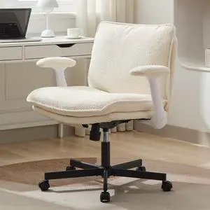 Criss Cross Legged Office Chair with Wheels and Flip-Up Arms, Upholstered Criss Cross Desk Chair, Wide Seat Chairs for Home Office, Vanity, Apartment, Beige Criss Cross Legged Office Chair with Wheels and Flip-Up Arms, Upholstered Criss Cross Desk Chair, Wide Seat Chairs for Home Office, Vanity, Apartment, Beige