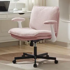 Criss Cross Legged Office Chair with Wheels and Flip-Up Arms, Upholstered Criss Cross Desk Chair, Wide Seat Chairs for Home Office, Vanity, Apartment, Pink Criss Cross Legged Office Chair with Wheels and Flip-Up Arms, Upholstered Criss Cross Desk Chair, Wide Seat Chairs for Home Office, Vanity, Apartment, Pink
