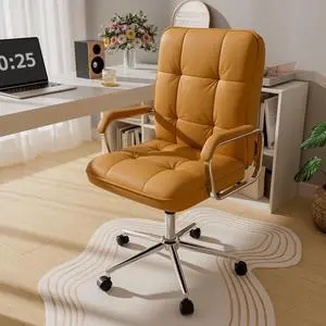 Brown Office Chair, Mid Back Leather Desk Chair with Wheels and Padded Arms, Swivel Vanity Chair for Bedroom, Computer Chair for Study and Work Brown Office Chair, Mid Back Leather Desk Chair with Wheels and Padded Arms, Swivel Vanity Chair for Bedroom, Computer Chair for Study and Work