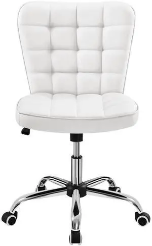 Armless Desk Chair Modern Tufted Office Chair Faux Leather Upholstered Computer Chair with Adjustable Seat Height and Rolling Wheels for Home/Office, White Armless Desk Chair Modern Tufted Office Chair Faux Leather Upholstered Computer Chair with Adjustable Seat Height and Rolling Wheels for Home/Office, White