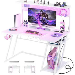 Gaming Computer Desk with Power Outlets, Gaming Desk with Hutch and LED Lights, Reversible PC Gaming Desk with Pegboard, Carbon Fiber White, 47" Gaming Computer Desk with Power Outlets, Gaming Desk with Hutch and LED Lights, Reversible PC Gaming Desk with Pegboard, Carbon Fiber White, 47"